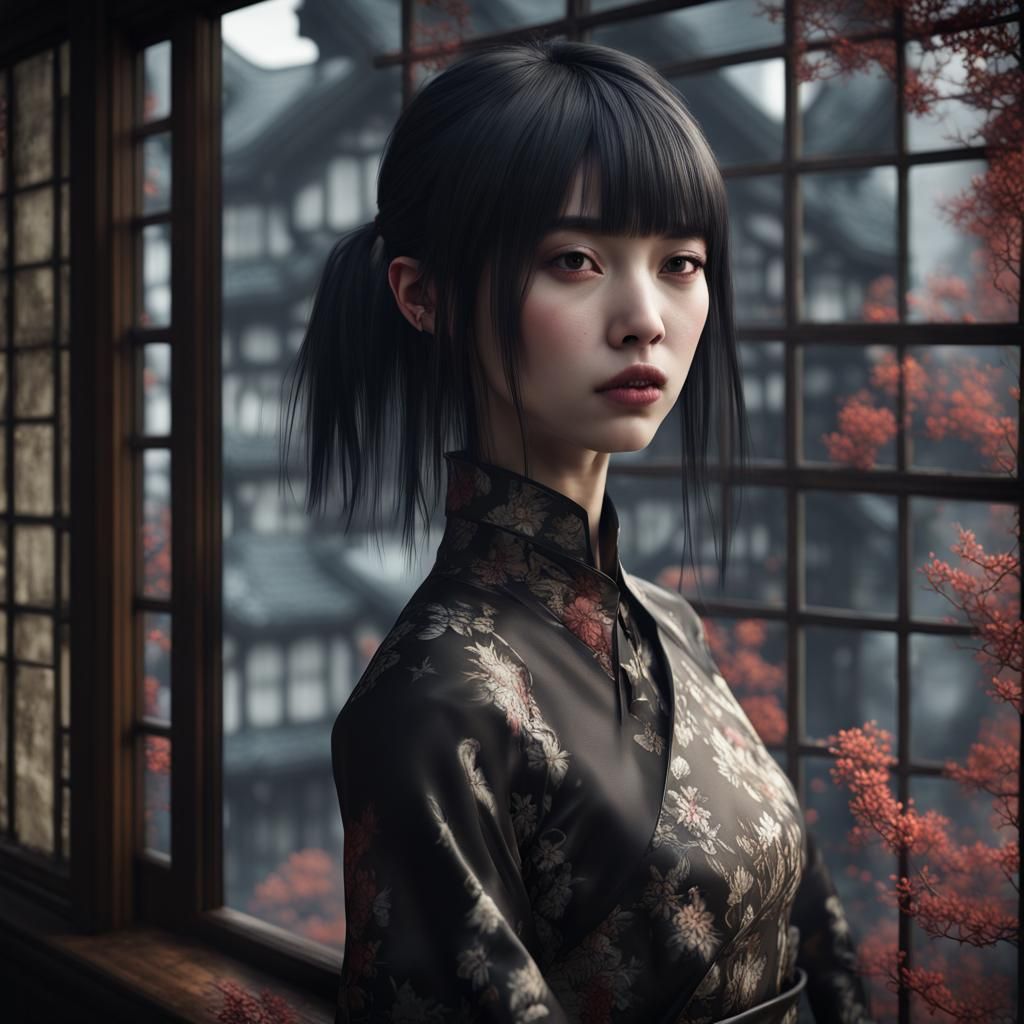 Japanese Goth Girl Behind Window in Photo Realist Style
