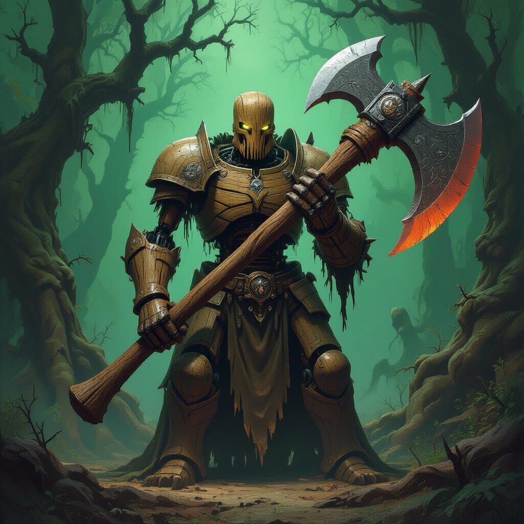 Wooden Automaton Wields Monstrous Axe in Ancient Forest