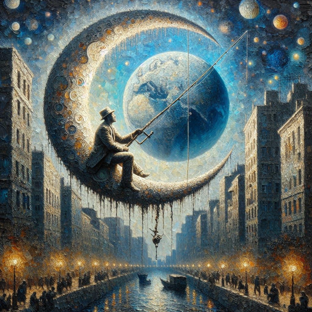 Man Fishing from Moon in Post-Impressionist Style