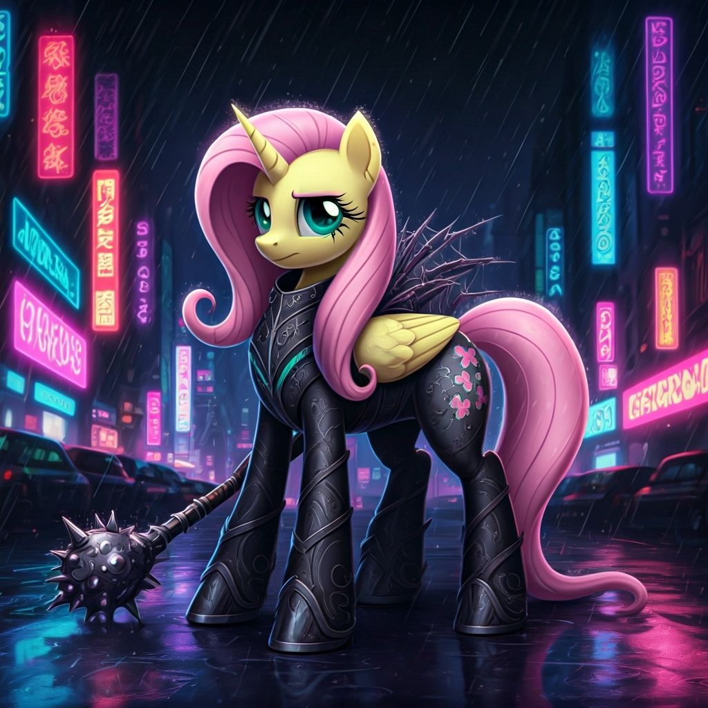 Spider Druid Fluttershy with Mace in Cyberpunk City