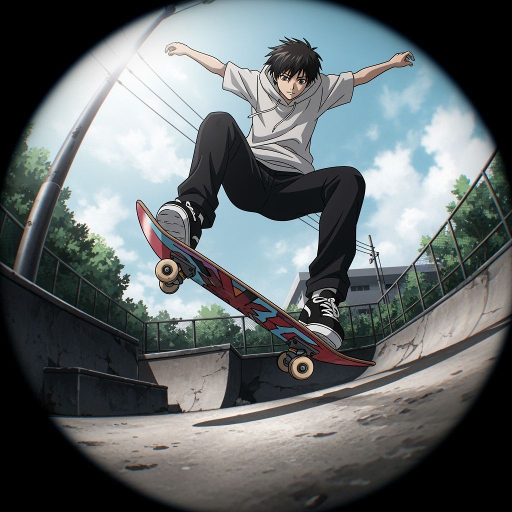 Anime Skateboarder Ollie Mid-Air in Fisheye Style