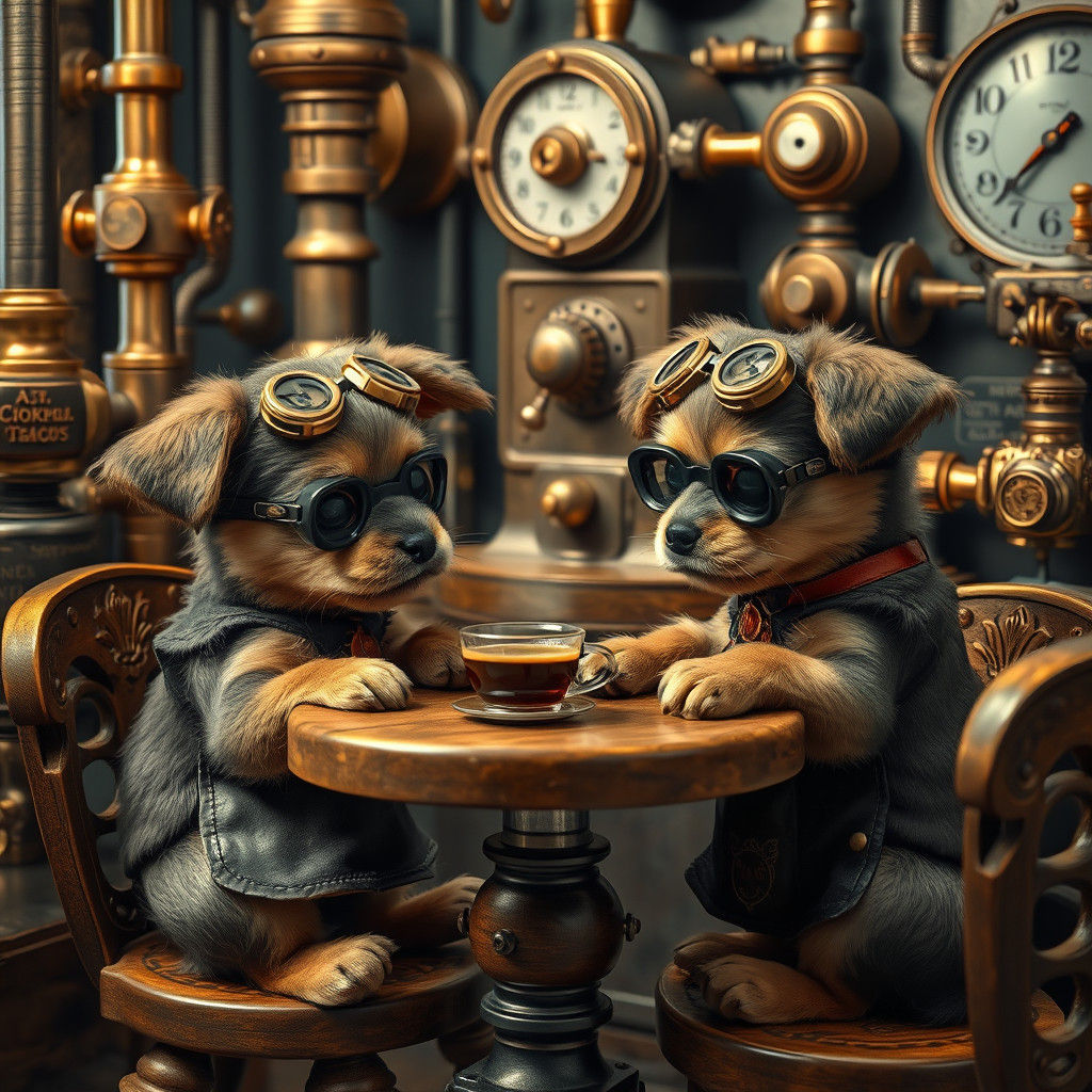 Steampunk Puppies Sipping Espresso in a Clockwork Cafe