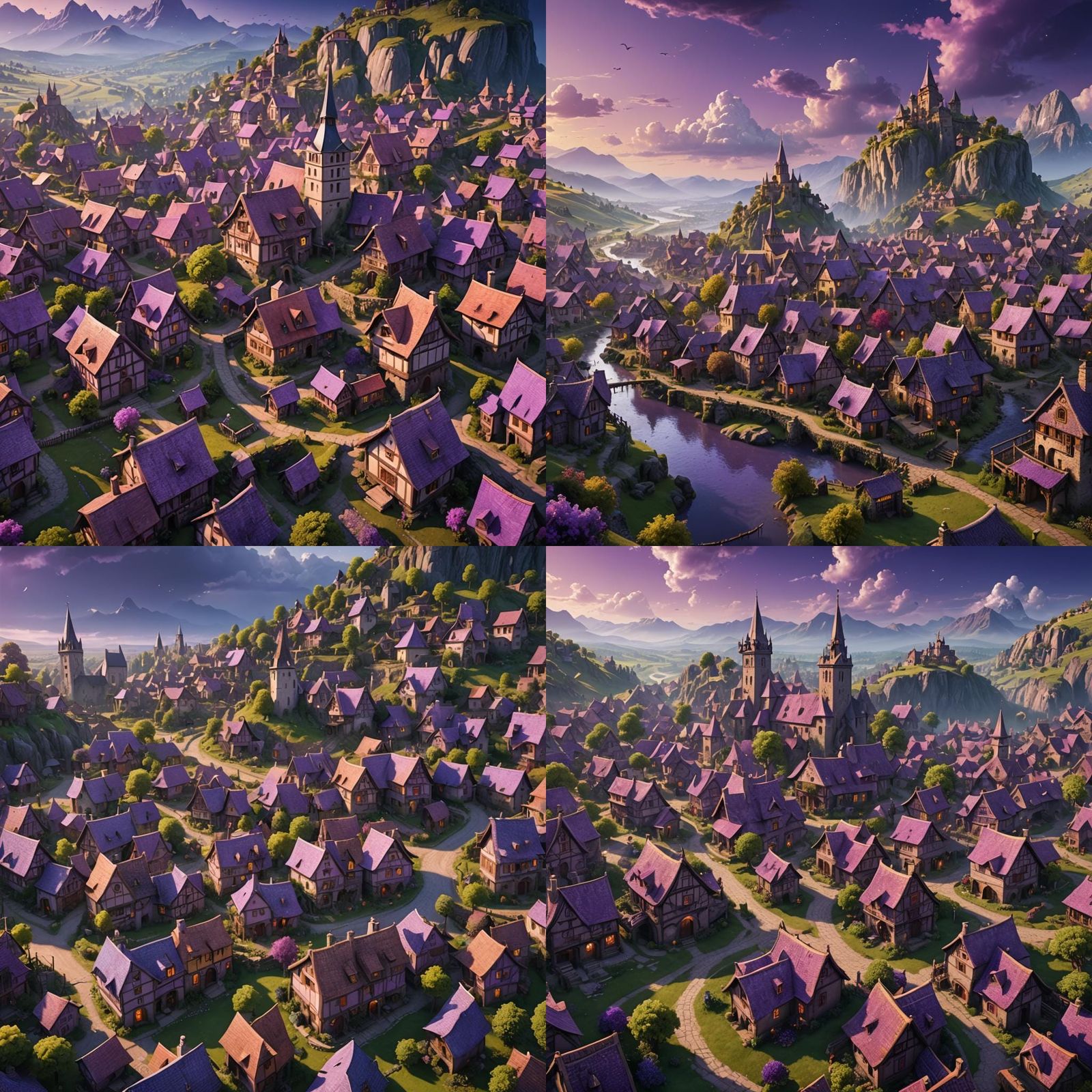 Village in Violet Sky: Detailed Matte Painting