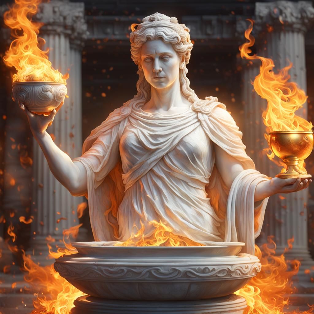Hestia Marble Statue with Fire, Hyperdetailed Art