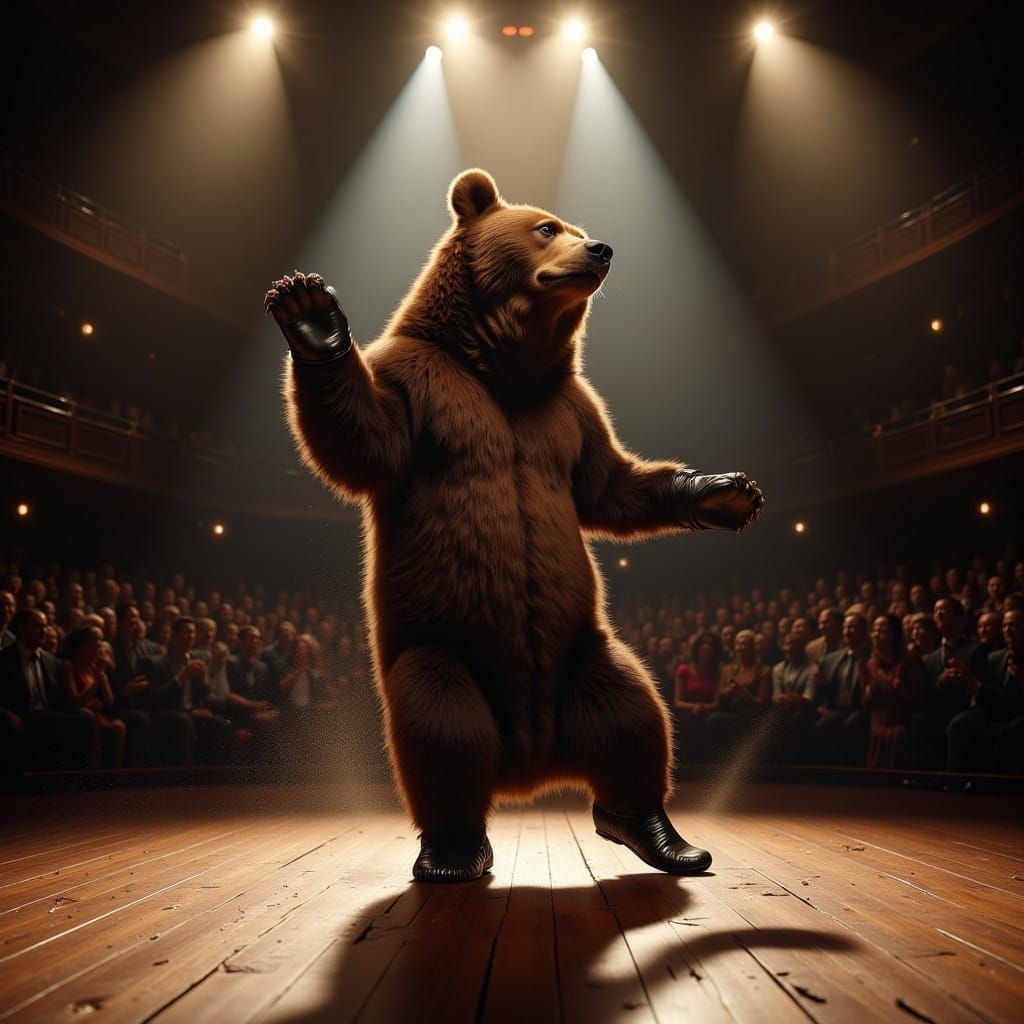 Brown Bear Tap Dancing on Stage in Spotlight