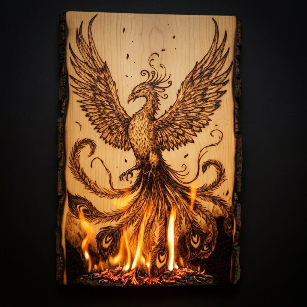Phoenix Rebirth in Richly Textured Pyrography