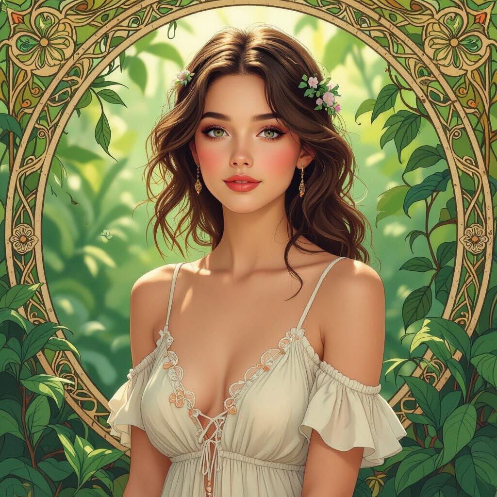 Ethereal Woman in Greenery, Art Nouveau Style