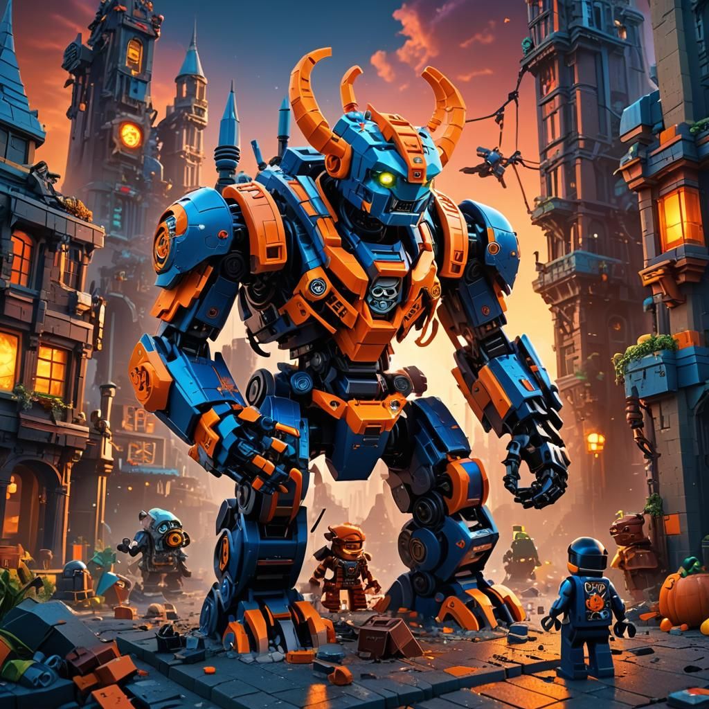 Lego Character Eats Robot in Ruined Cityscape