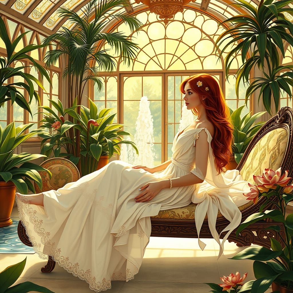 Woman in Art Nouveau Conservatory, Digital Art