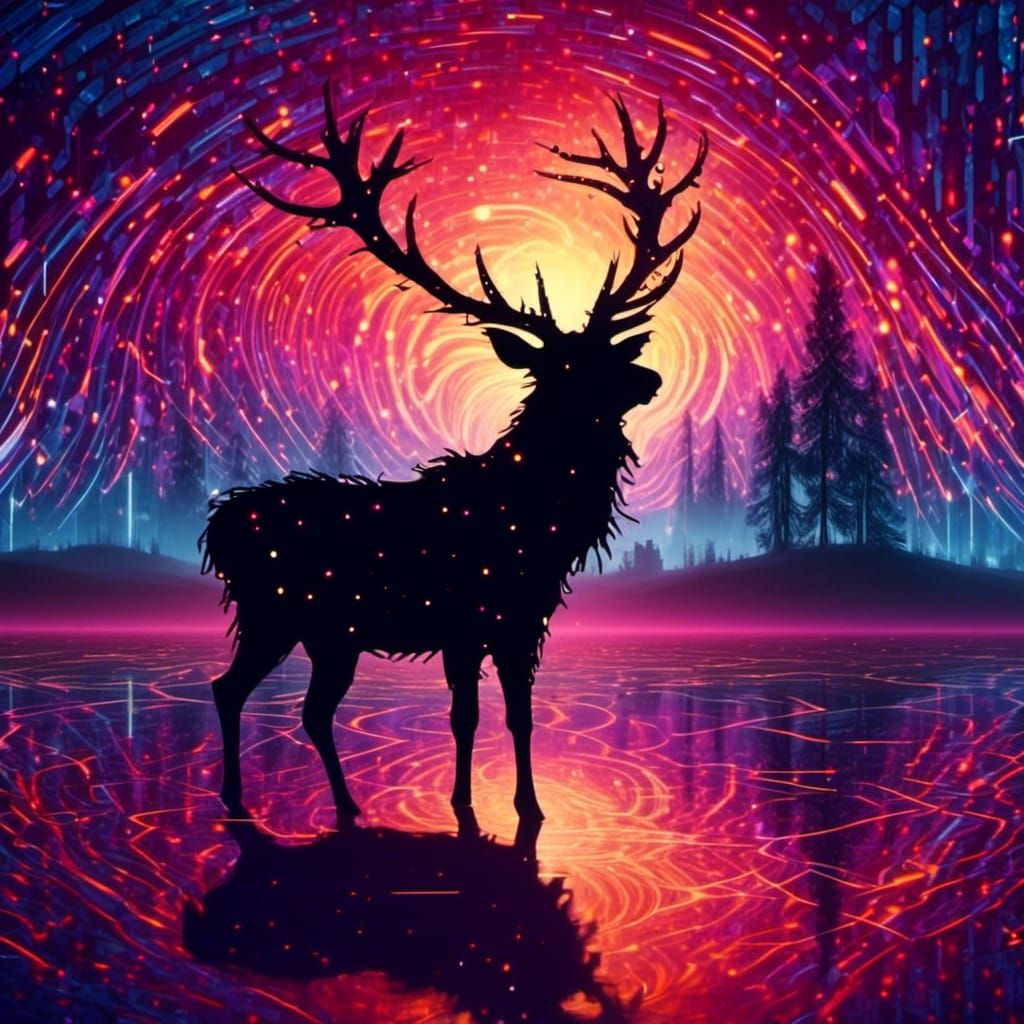 Stag Silhouette Against Aurora Sunset in HDR Vector Art