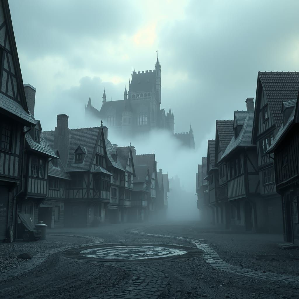 Painting of a city. A ghostly pall of ash cloaks the city, muting the once vibrant hues of its timber-framed houses and ...