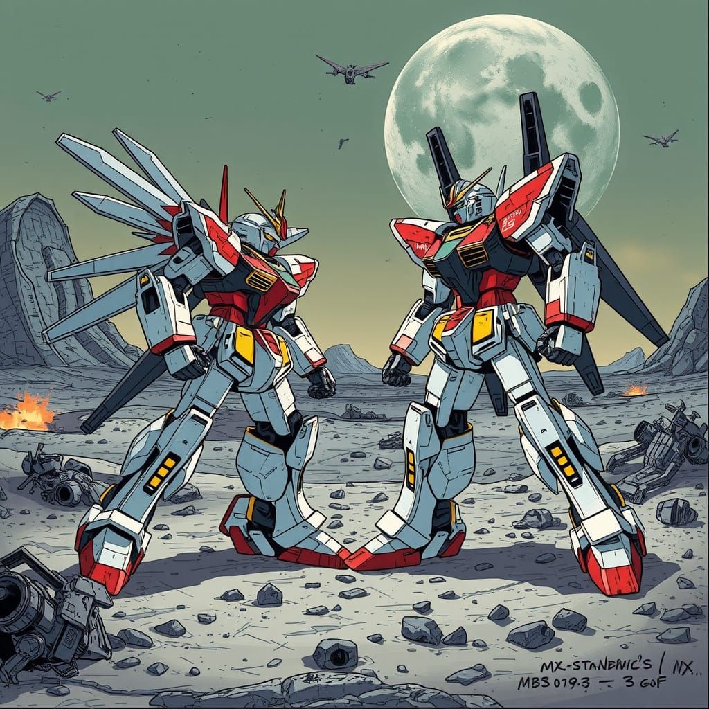 Gundam RX-78 Battles Gouf on Lunar Battlefield