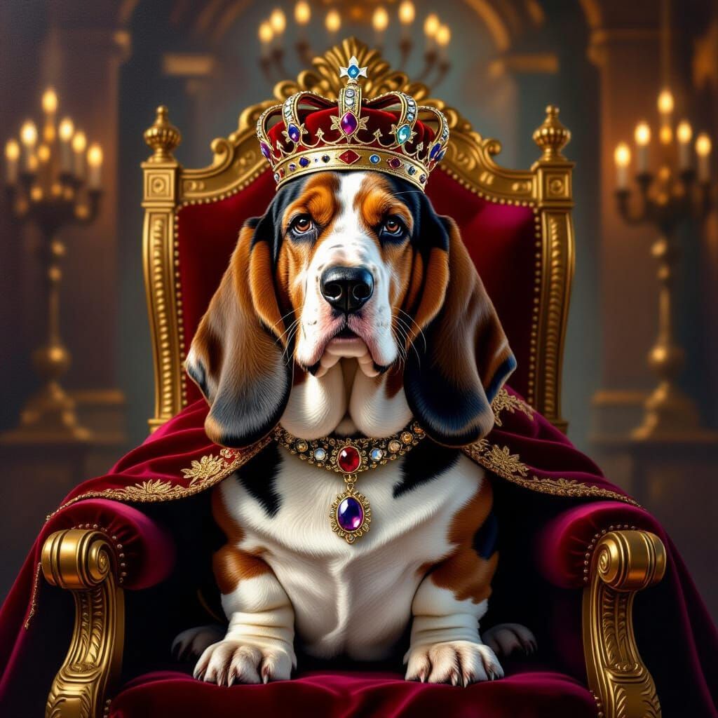 Regal Basset Hound Portrait in Oil Painting Style