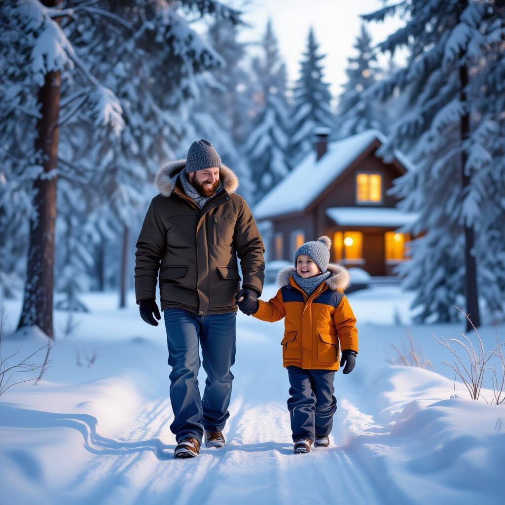 Father and Son Walk Through Snowy Forest Towards Home
