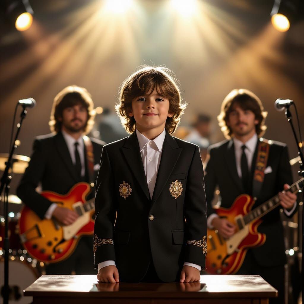Boy with John Lennon and The Beatles on Podium
