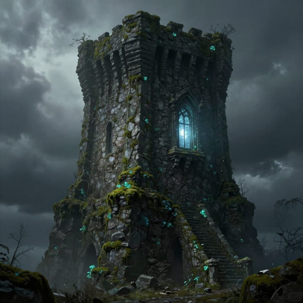 Ancient Wizard Tower in Twilight, Glowing Window