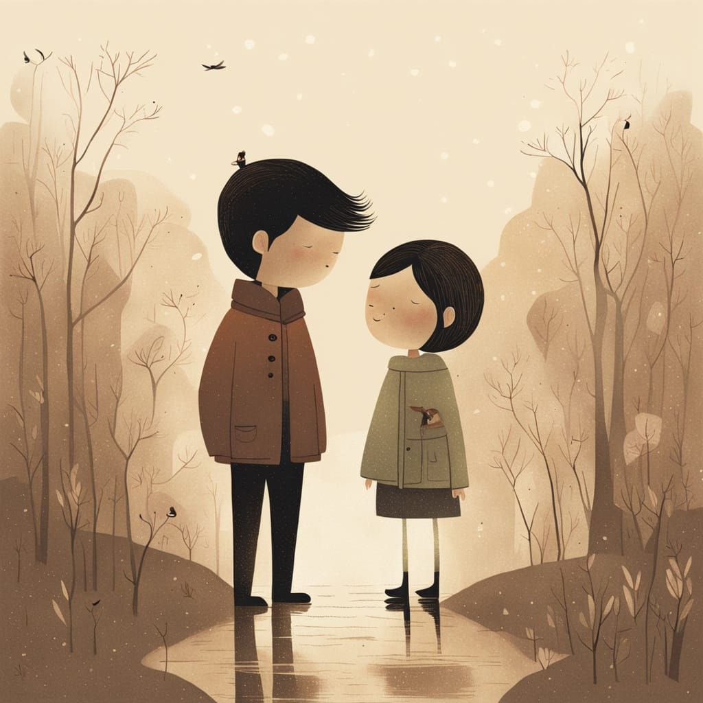 Couple Embracing: Jon Klassen-Inspired Illustration