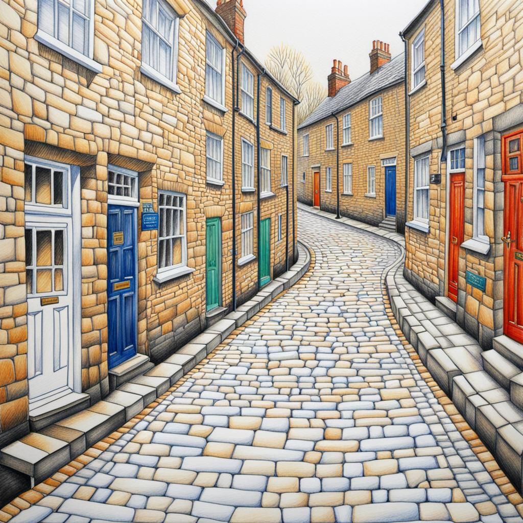 Cobbled Yorkshire Street in Colored-Pencil Style
