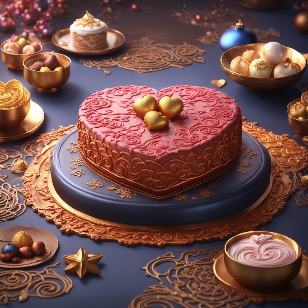 Oriental Heart-Shaped Dessert as Detailed Digital Painting