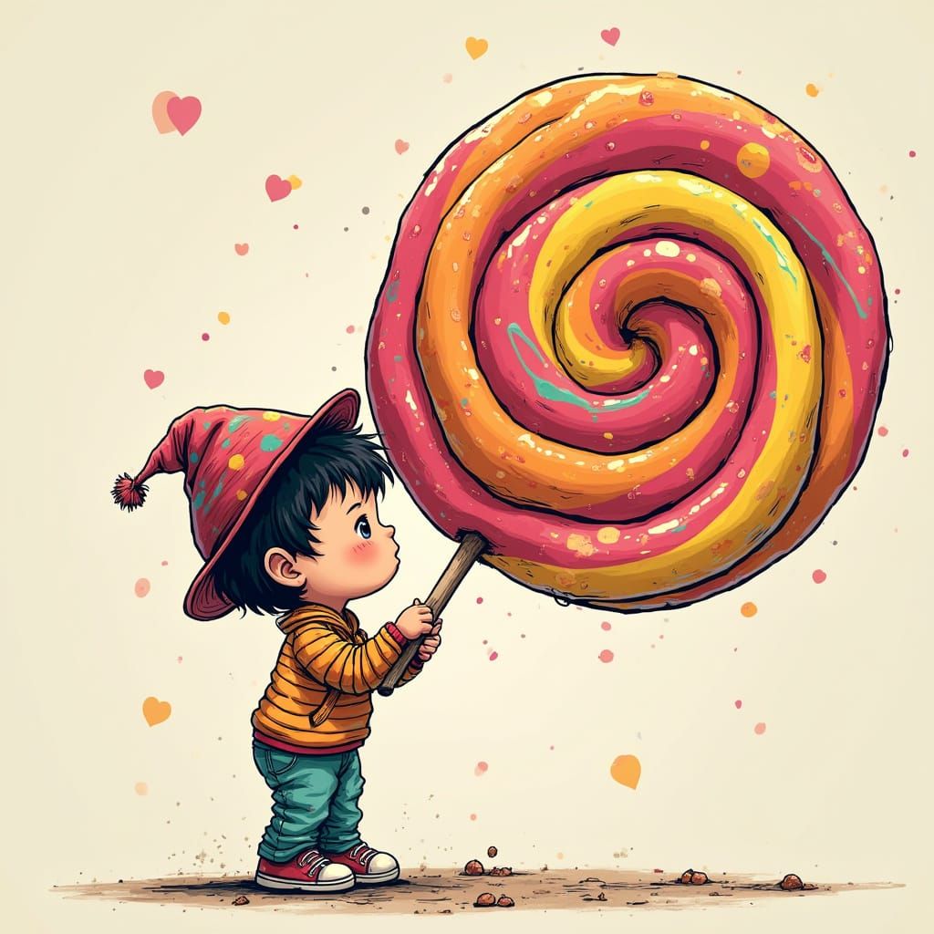 Adorable Kid Eating Giant Swirly Lollipop