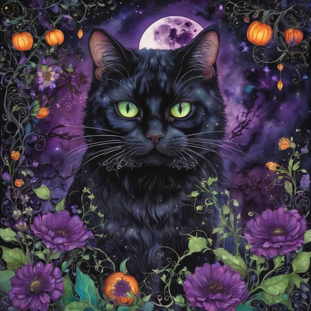 Bioluminescent Black Cat in Alcohol Ink Painting