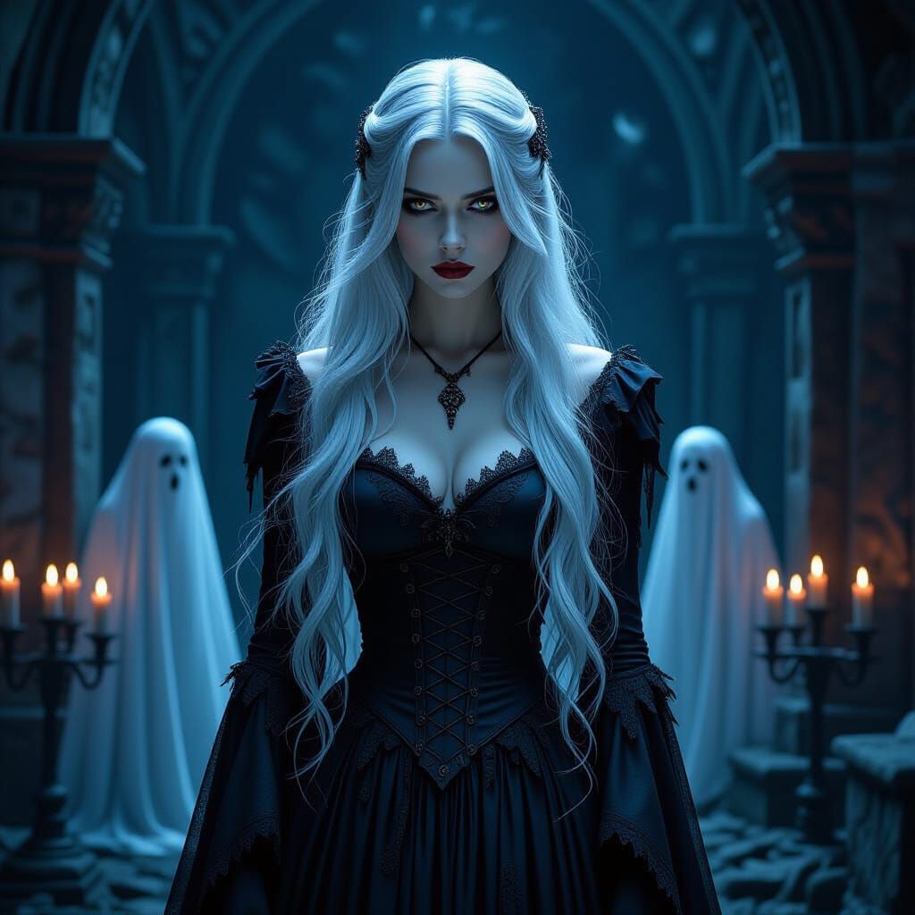 A sorrowful vampire queen with long silver hair, clad in a g...