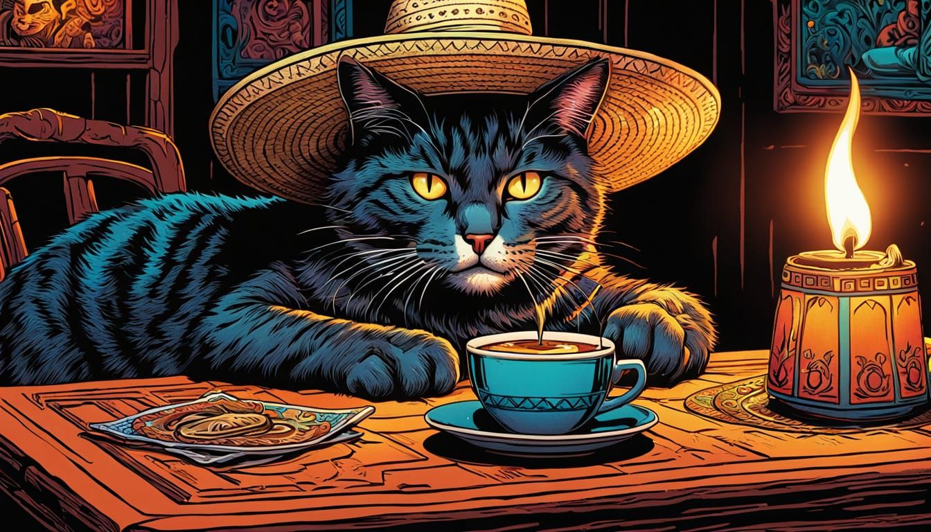 Cat Sipping Espresso in Sombrero, Comic Book Art