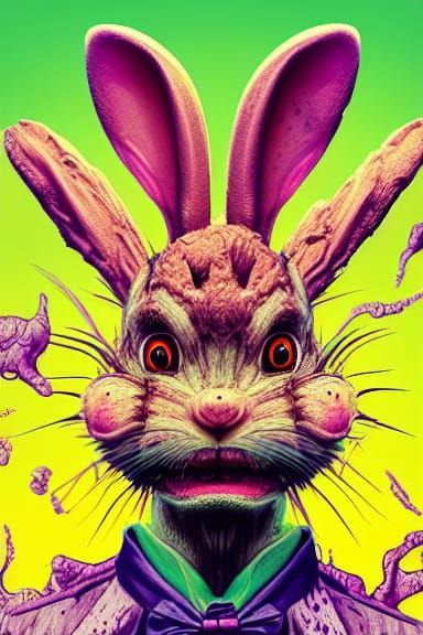 Grotesque Humanoid Rabbit Feast in Vivid Colors