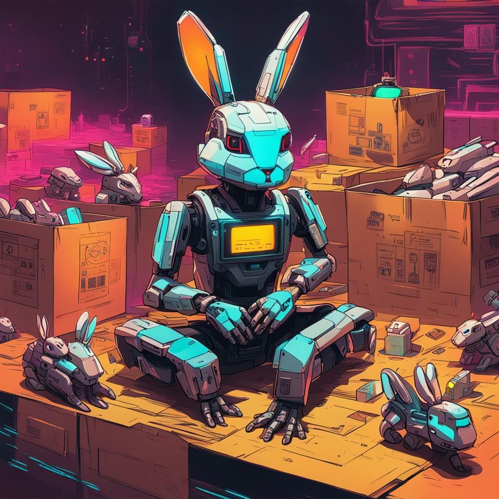 Robotic Rabbit in Cyberpunk Cardboard Box