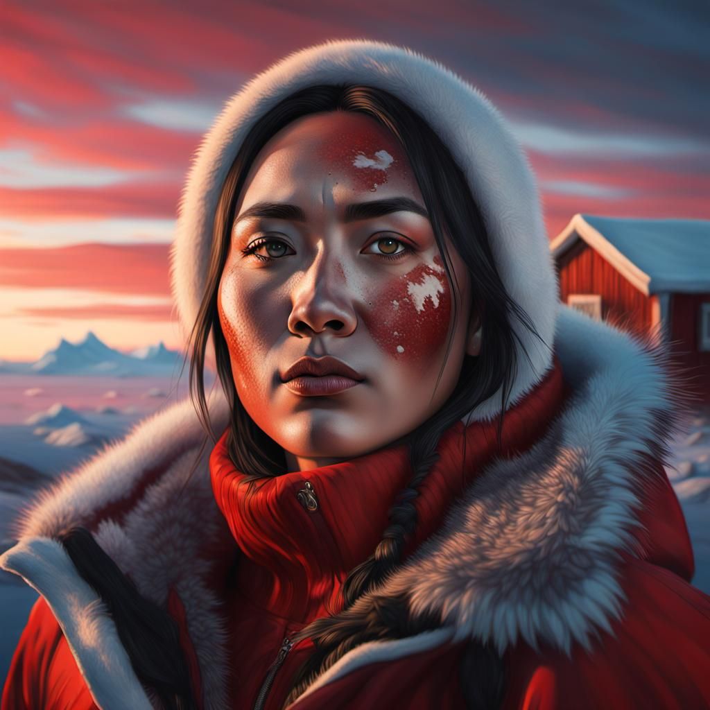 Arctic Cabin at Midnight Sun: Inuit Woman in Red