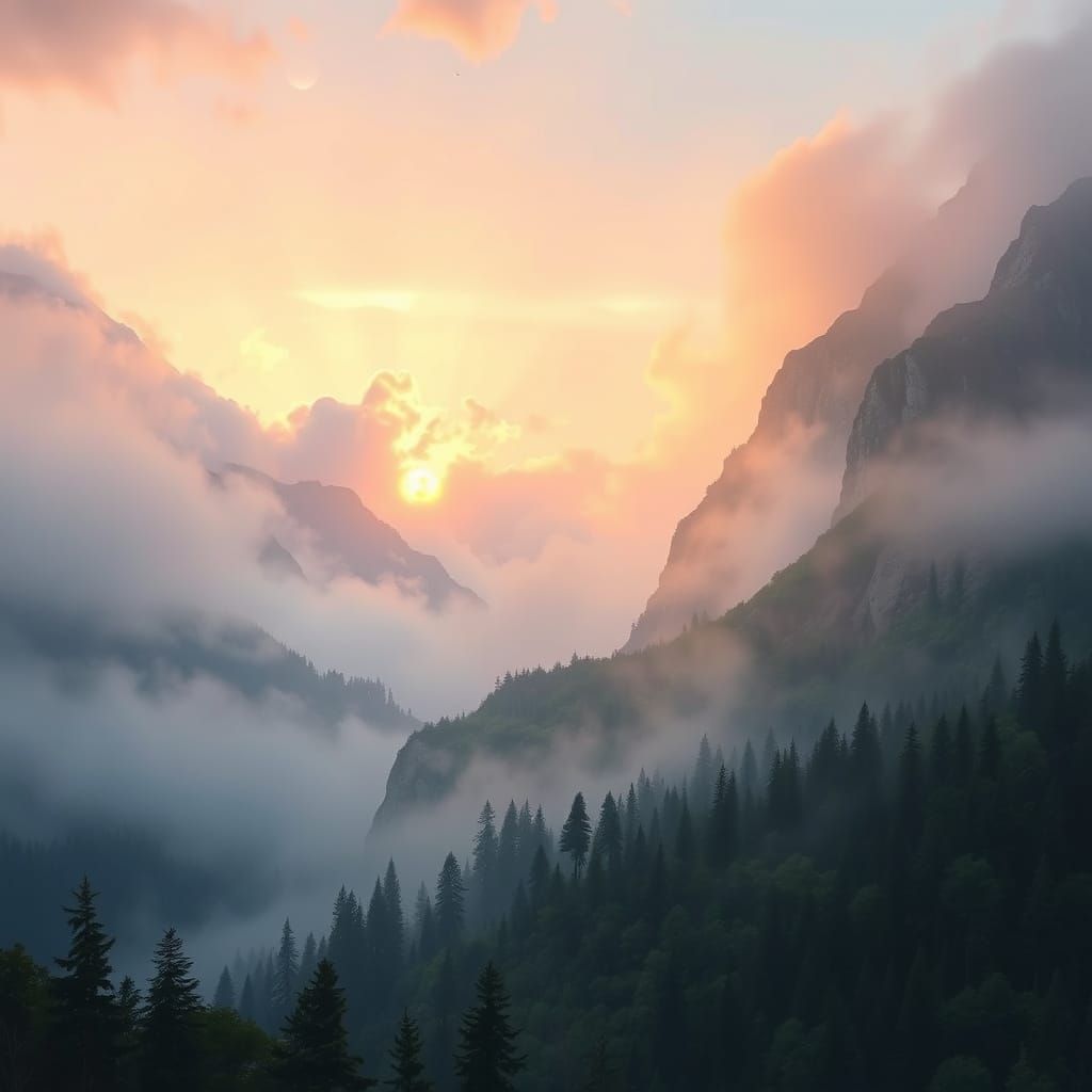 Surreal Sunrise Mountain Scene in Dreamy Atmospheric Style