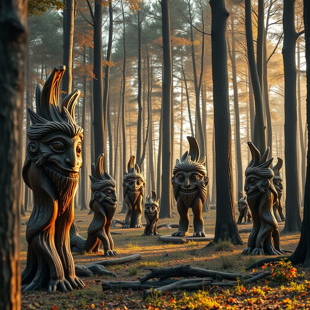 Intricate Wooden Sculptures in Golden Forest, Digital Art