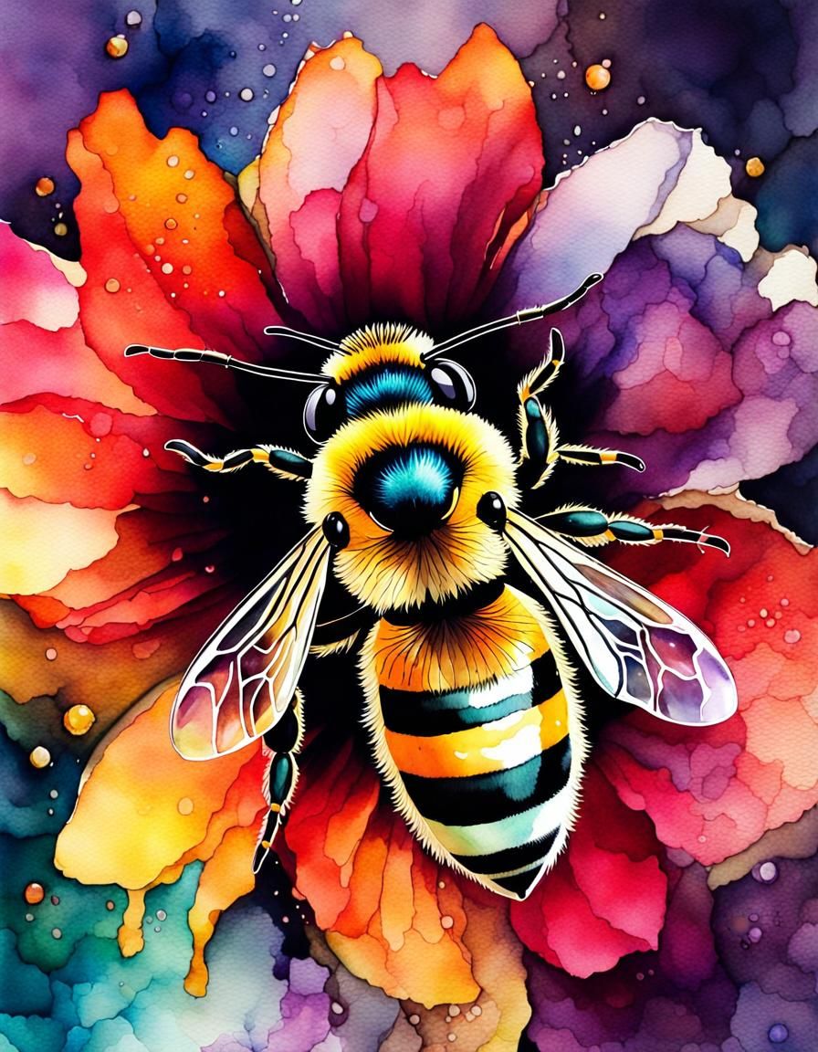 Bee Illustration in Watercolor and Alcohol Ink