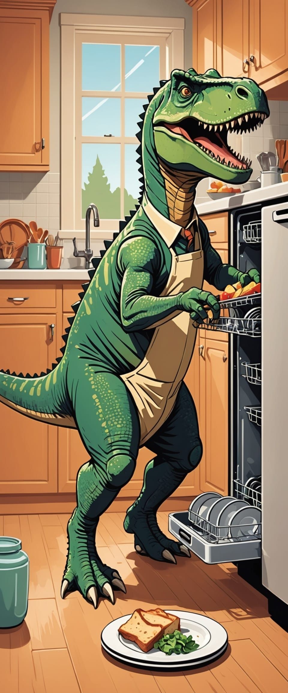 Dinosaur Does Dishes in Purist Style