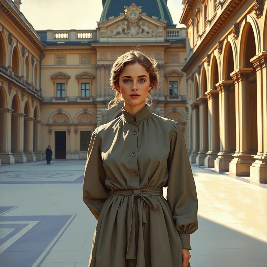 Woman in Shirtwaist Dress at Louvre, Impressionistic Style