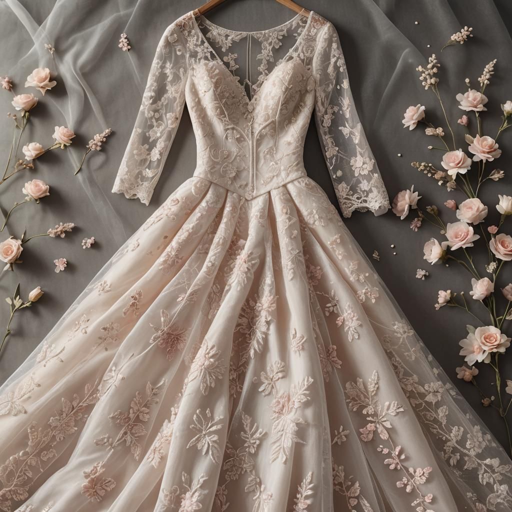 Elegant White Lace Wedding Gown with Pink Flowers