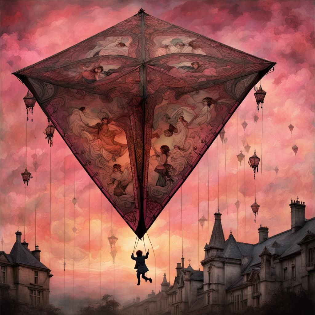 Children Flying Kite at Sunrise in Golden Age Style