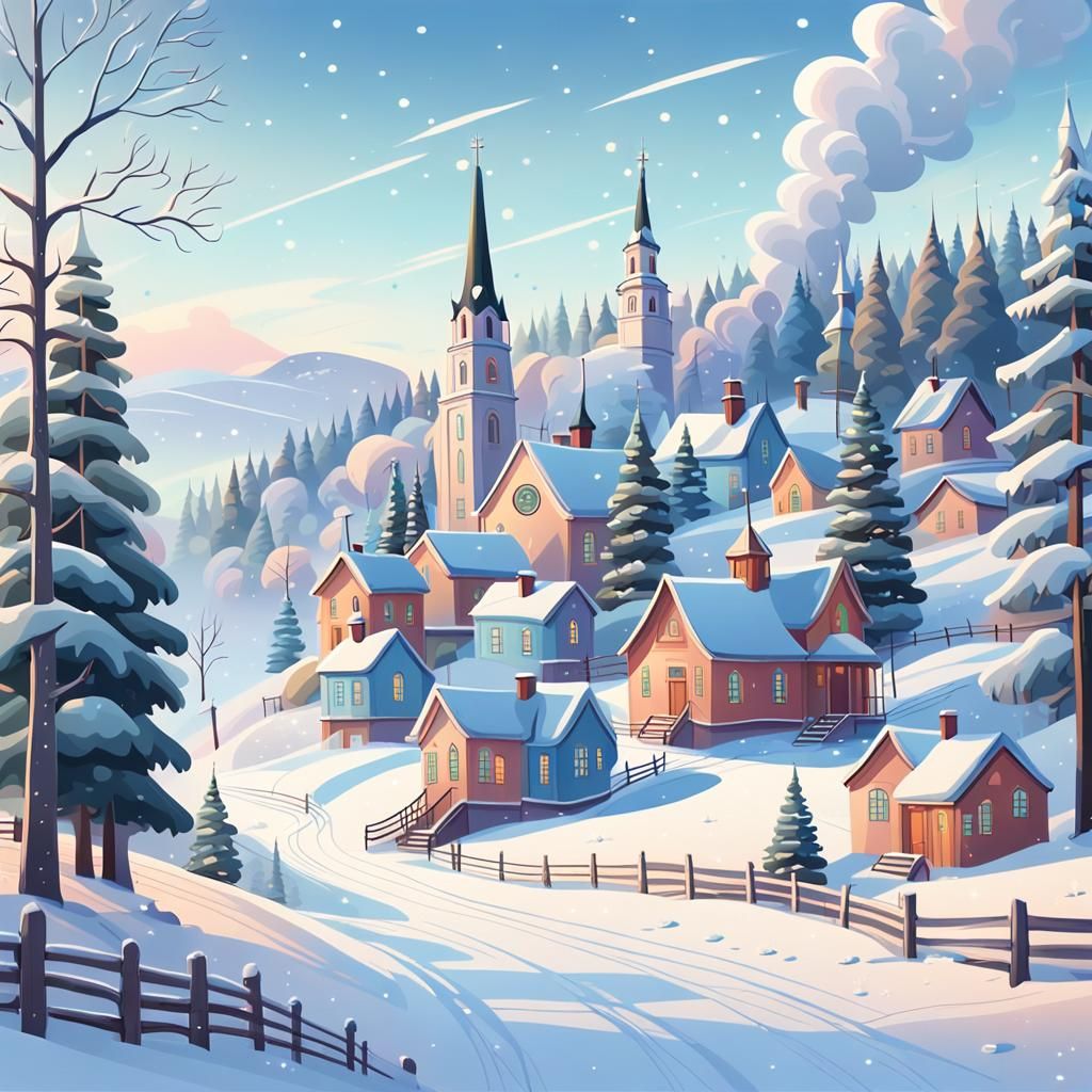 Whimsical Village Houses on a Snowy Hill in Winter