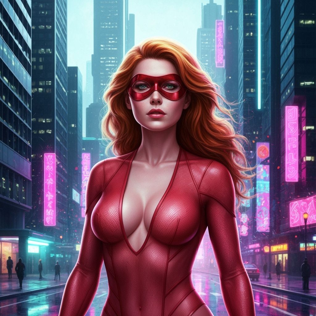 Futuristic Superwoman in Hyperrealistic Cityscape