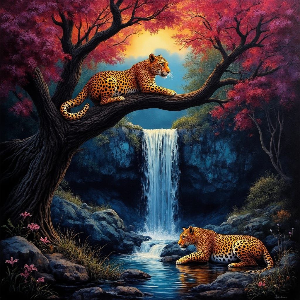 Ethereal Leopards Amidst Autumn Waterfall