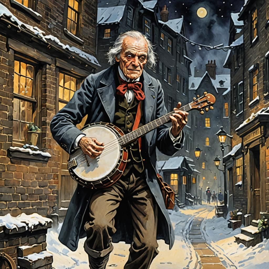 Ebenezer Scrooge Plays Banjo: Gouache Painting