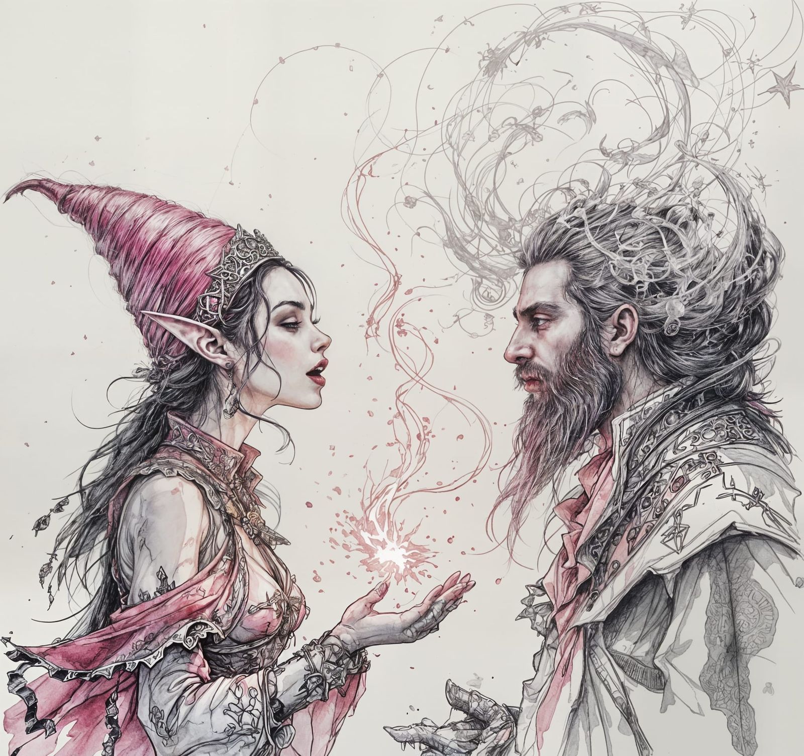 Enchanted Gnome Bard Charms Medieval Merchant in Ink Drawing