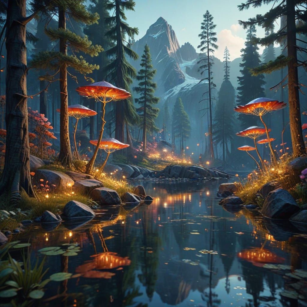 Ethereal Pine Lake Oasis in Vibrant Cubist Realism