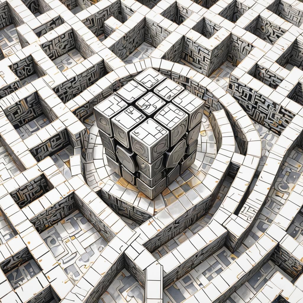 Rubik's Cube Navigating Maze in Low-Poly 3D Art