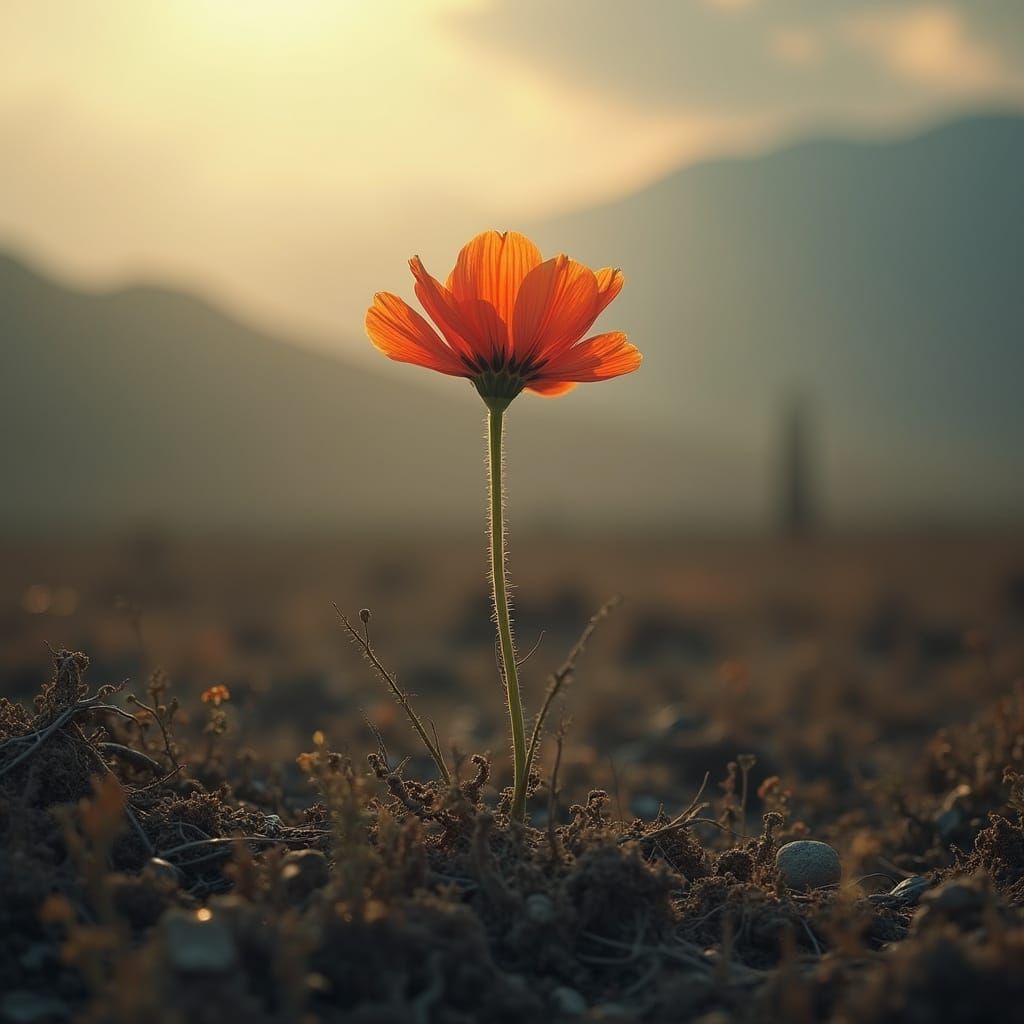 Hope in Desolation: A Lone Flower Stands Tall in a Withered ...