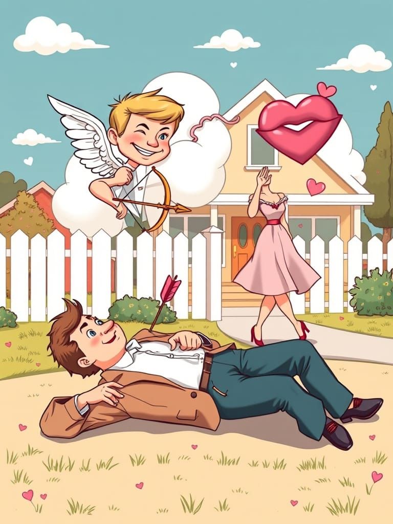 Whimsical Cupid in Retro Cartoon Style Valentine's Day Scene