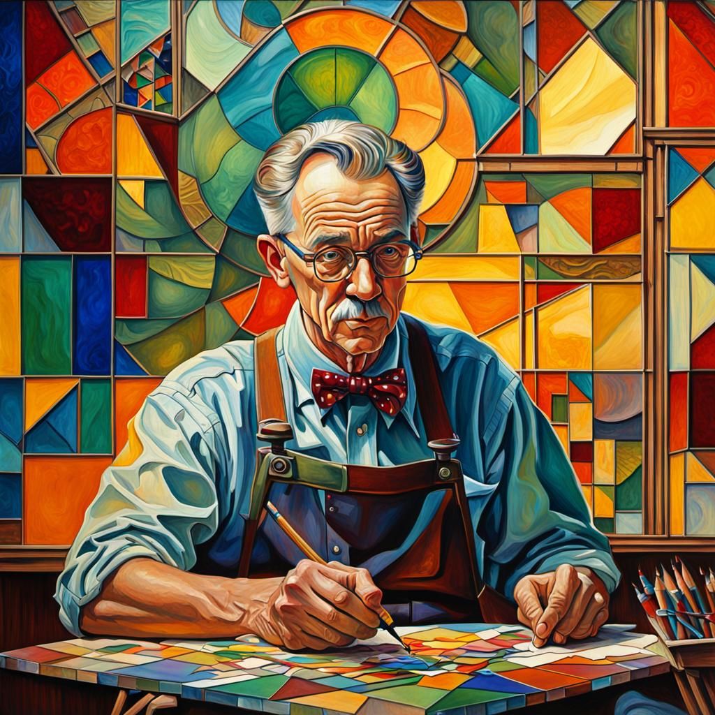 Rockwell Painting a Self-Portrait in Cubist Style