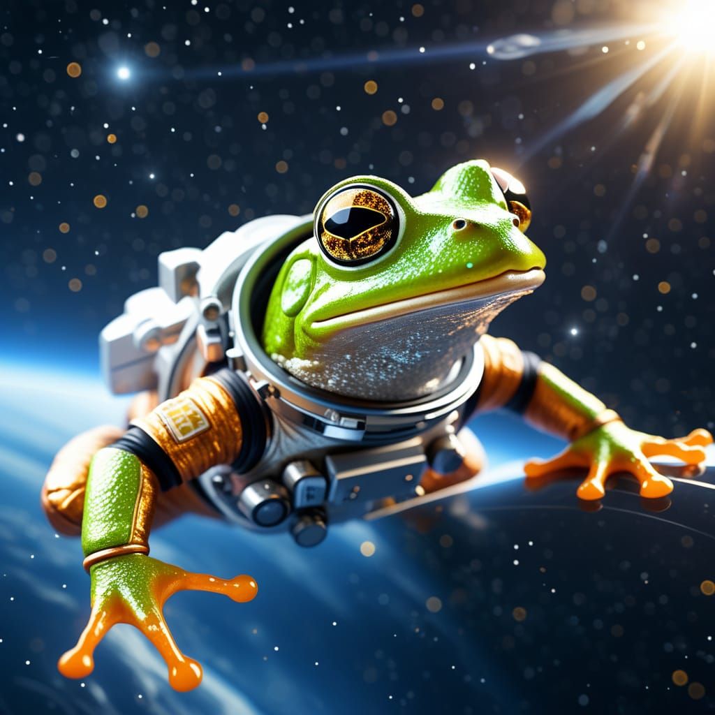 Frog in Spacesuit Floating in Space: Sci-Fi Illustration