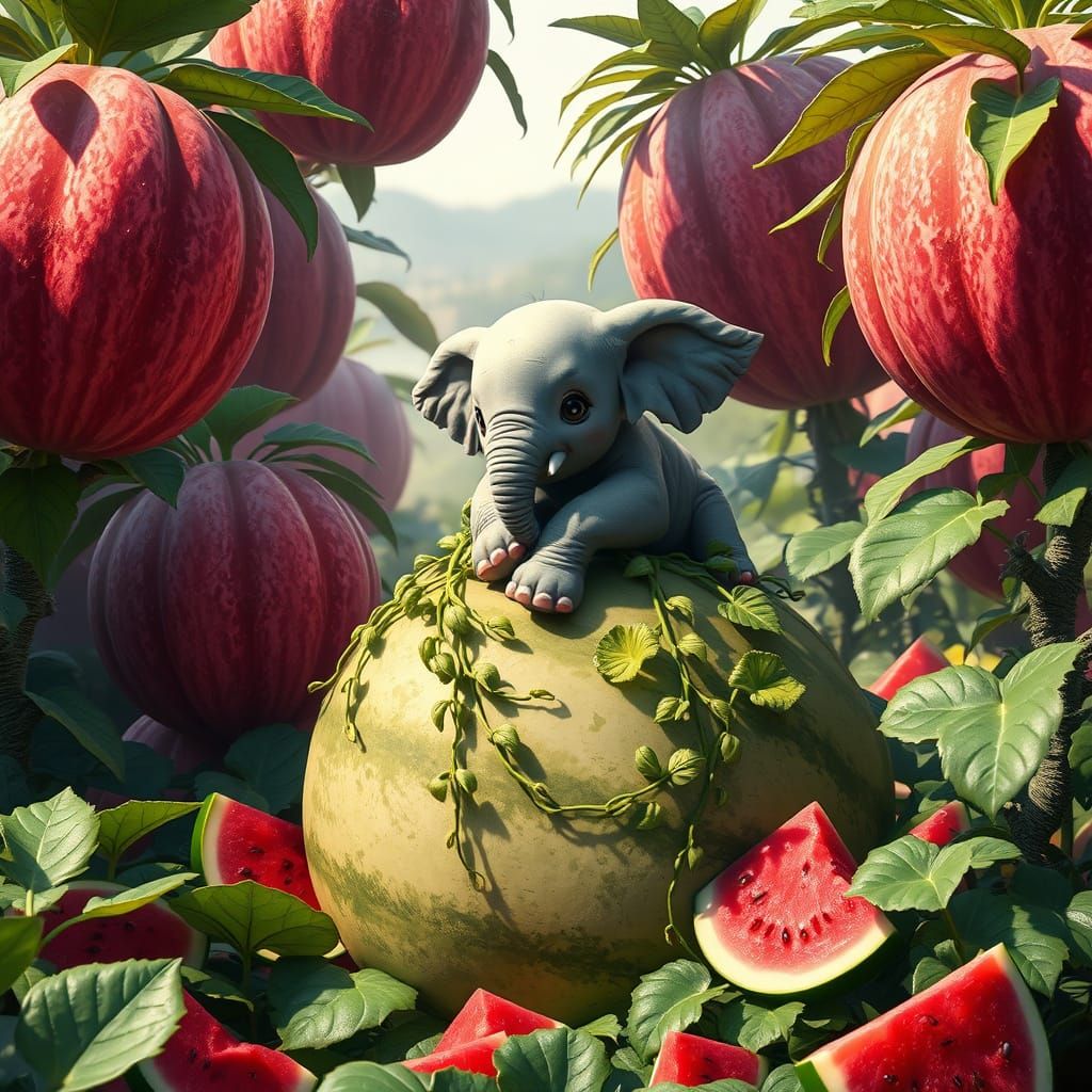 Whimsical Watermelon Jungle Oasis with Realistic Baby Elepha...