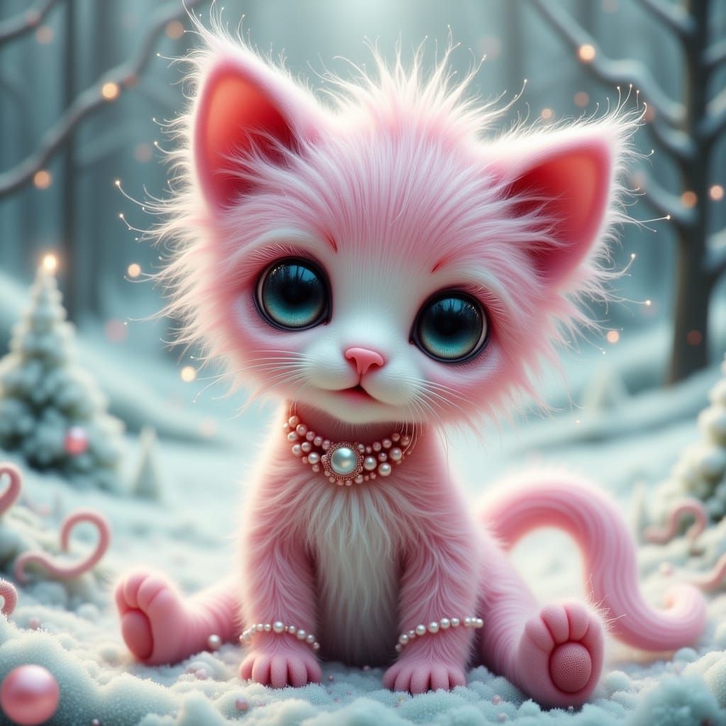 Adorable Pink Kitten Doll with Pearls in Fairy Tale Style